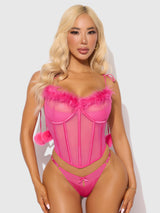 House of Desire Marilyn Mesh & Feathers Tie Shoulder Pom Pom Bustier Set Pink Dragon