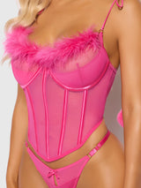House of Desire Marilyn Mesh & Feathers Tie Shoulder Pom Pom Bustier Set Pink Dragon