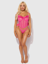 House of Desire Marilyn Mesh & Feathers Tie Shoulder Pom Pom Bustier Set Pink Dragon