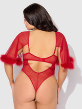 House of Desire Marilyn Marabou & Mesh Bell-sleeved Bodysuit Crimson Red