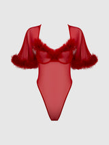 House of Desire Marilyn Marabou & Mesh Bell-sleeved Bodysuit Crimson Red