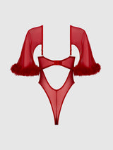 House of Desire Marilyn Marabou & Mesh Bell-sleeved Bodysuit Crimson Red