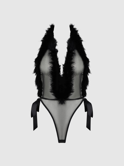 House of Desire Marilyn Marabou & Mesh Plunge Teddy Black