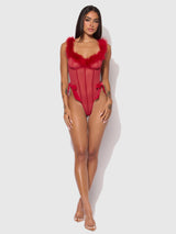 House of Desire Marilyn Mesh & Feathers Teddy Crimson Red