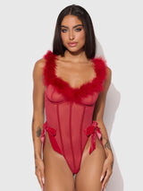 House of Desire Marilyn Mesh & Feathers Teddy Crimson Red