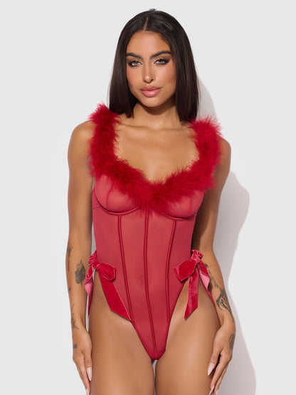 House of Desire Marilyn Mesh & Feathers Teddy Crimson Red