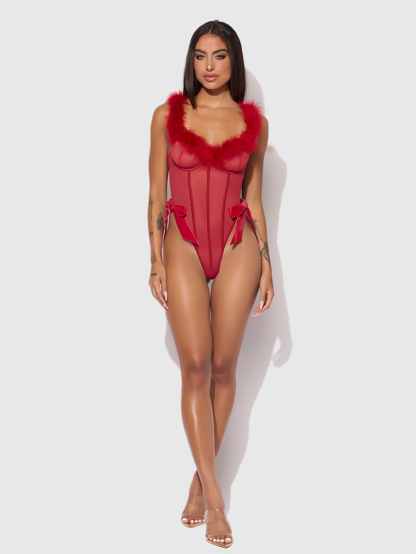 House of Desire Marilyn Mesh & Feathers Teddy Crimson Red