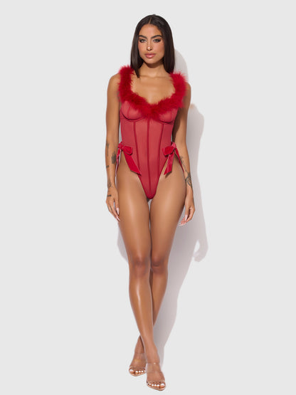 House of Desire Marilyn Mesh & Feathers Teddy Crimson Red
