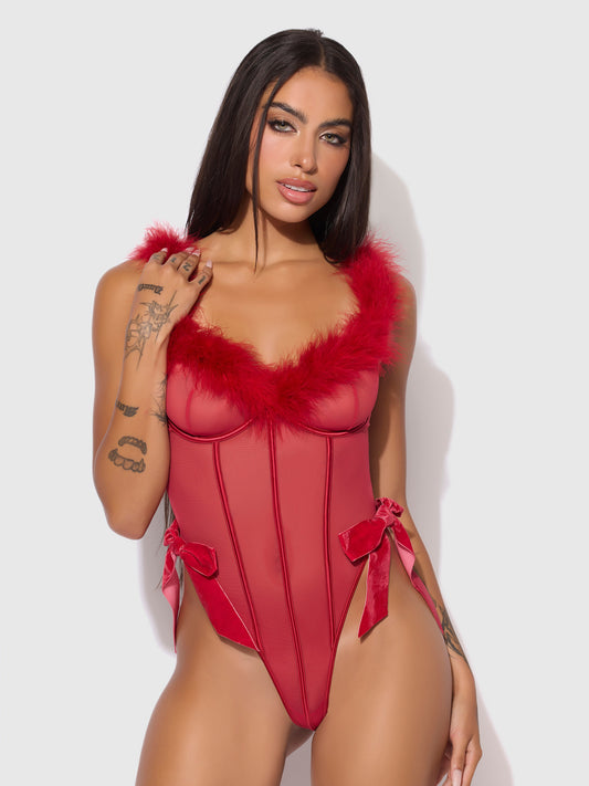 House of Desire Marilyn Mesh & Feathers Teddy Crimson Red