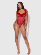 House of Desire Marilyn Mesh & Feathers Teddy Crimson Red