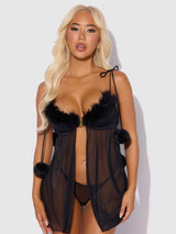 Marilyn Marabou & Mesh Babydoll & G-String Set Black