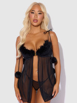 House of Desire Queen Marilyn Marabou & Mesh Babydoll & G-String Set Black