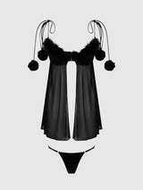 Marilyn Marabou & Mesh Babydoll & G-String Set Black