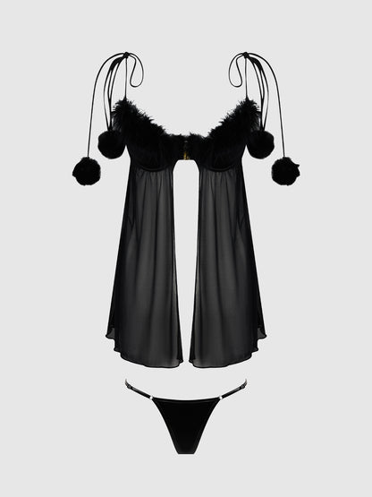 House of Desire Marilyn Marabou & Mesh Babydoll & G-String Set Black