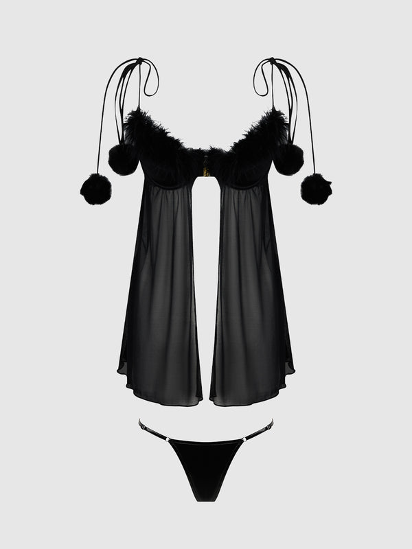 House of Desire Marilyn Marabou & Mesh Babydoll & G-String Set Black
