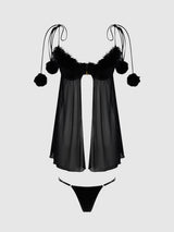 House of Desire Queen Marilyn Marabou & Mesh Babydoll & G-String Set Black