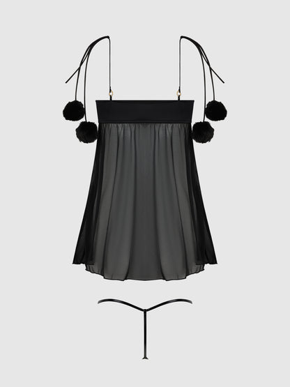 House of Desire Marilyn Marabou & Mesh Babydoll & G-String Set Black