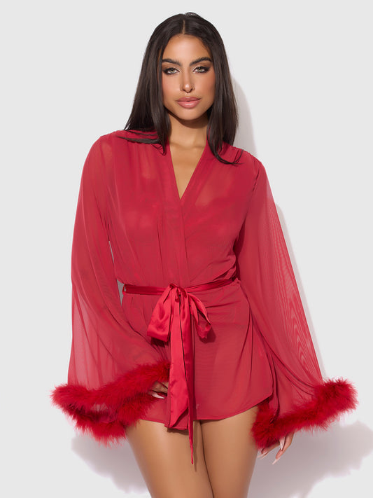 House of Desire Marilyn Mesh & Feathers Short Robe Crimson Red