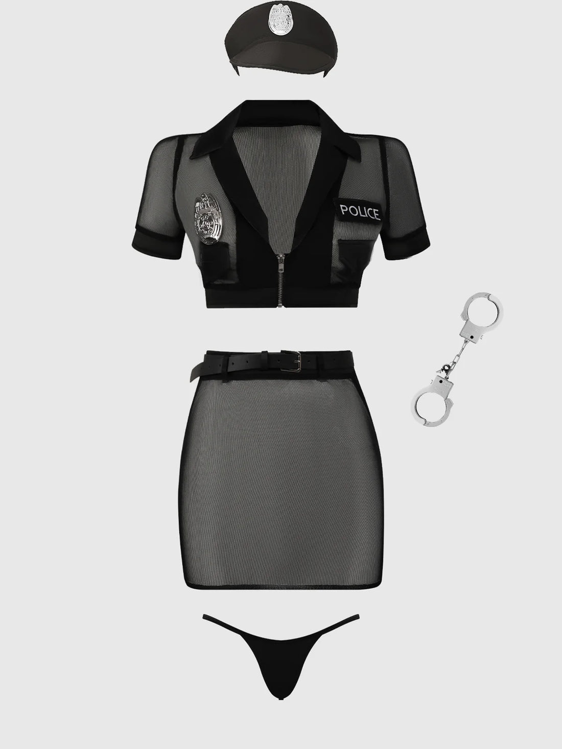 House of Desire Under Arrest Mesh Top, Open Back Skirt, & Cuffs Set Costume