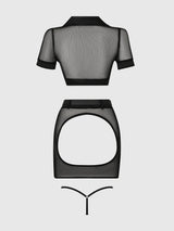 House of Desire Under Arrest Mesh Top, Open Back Skirt, & Cuffs Set Costume