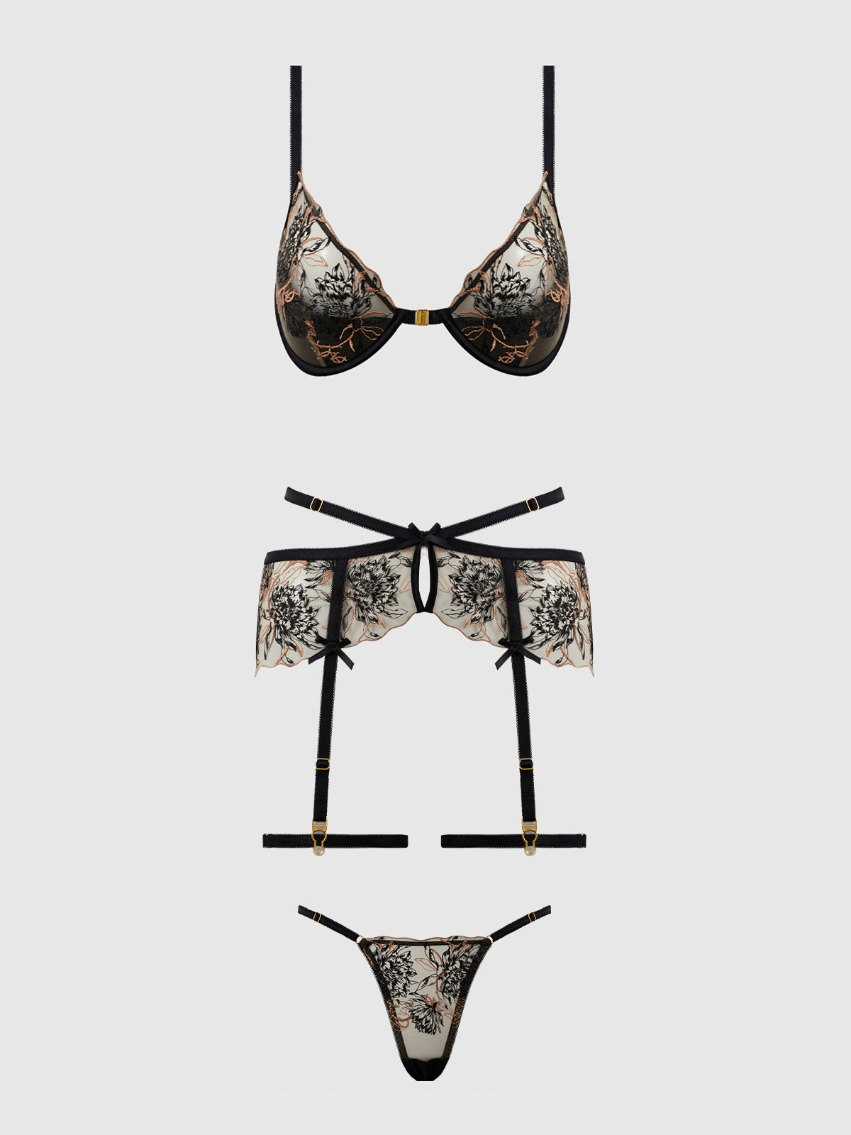 House of Desire Delilah Embroidered Push-up Bra Set Black/Taupe