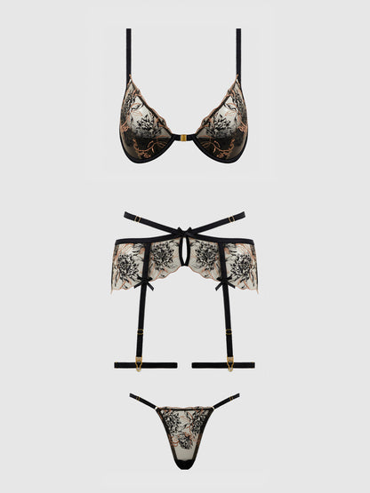 House of Desire Delilah Embroidered Push-up Bra Set Black/Taupe