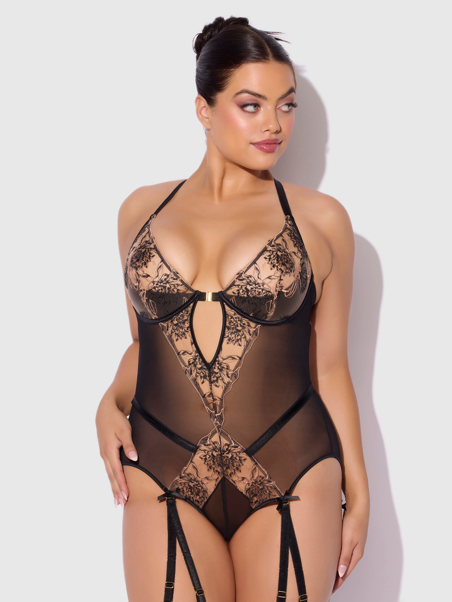 House of Desire Delilah Embroidered Sheer Teddy Black/Taupe