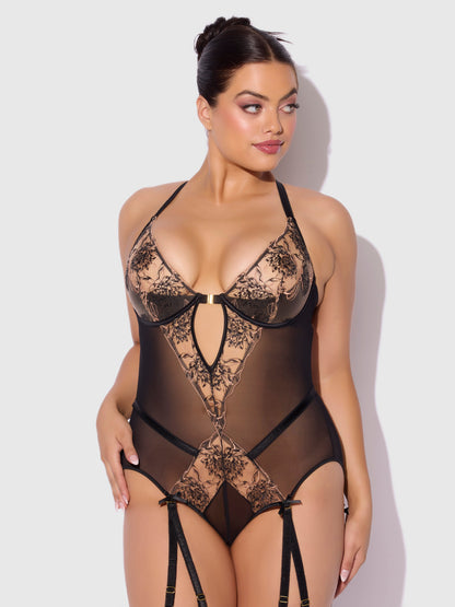 House of Desire Delilah Embroidered Sheer Teddy Black/Taupe