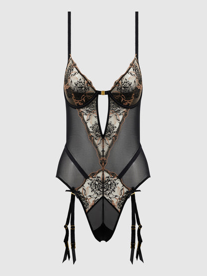 House of Desire Delilah Embroidered Sheer Teddy Black/Taupe