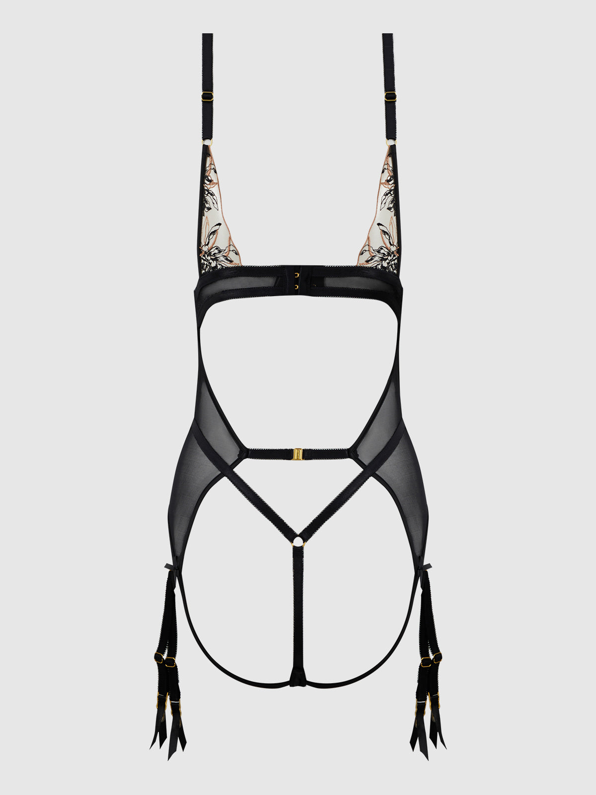 House of Desire Delilah Embroidered Sheer Teddy Black/Taupe