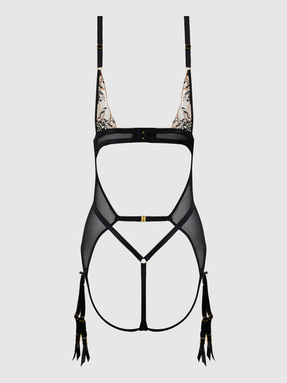 House of Desire Delilah Embroidered Sheer Teddy Black/Taupe