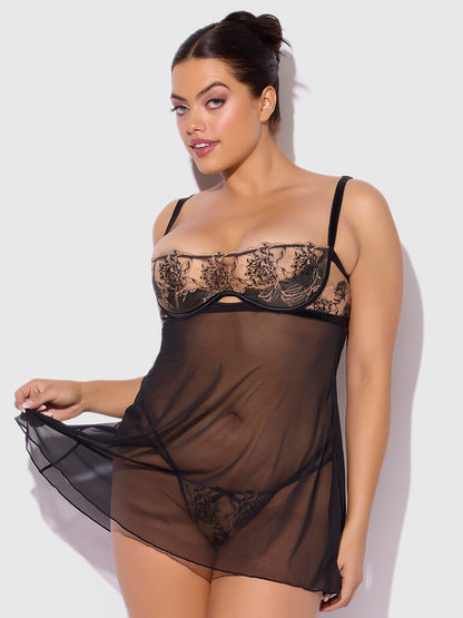 House of Desire Delilah Embroidered Sheer Babydoll Set Black/Taupe