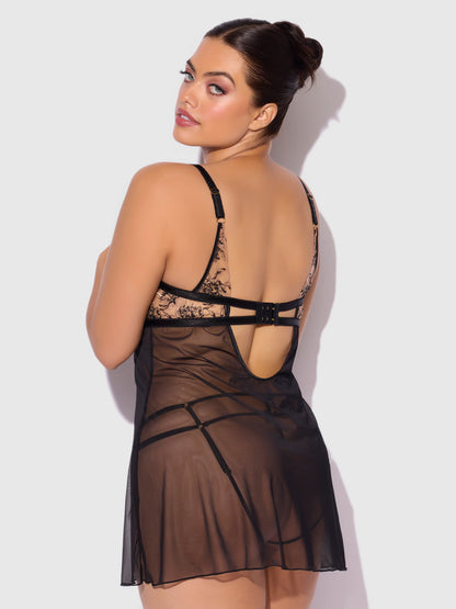 House of Desire Delilah Embroidered Sheer Babydoll Set Black/Taupe