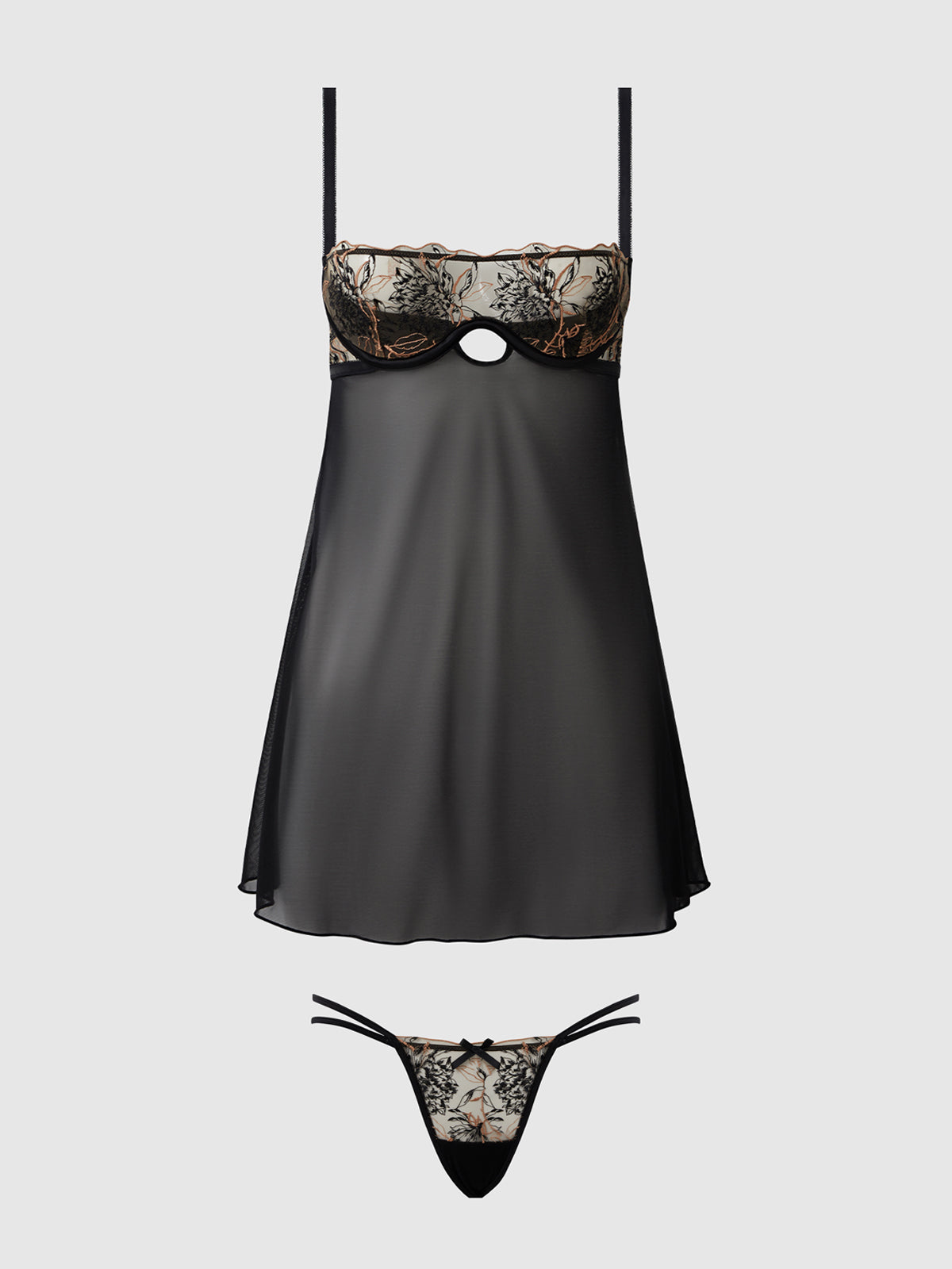 House of Desire Delilah Embroidered Sheer Babydoll Set Black/Taupe