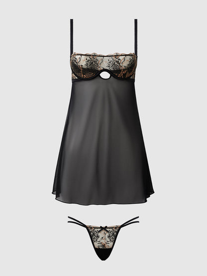 House of Desire Delilah Embroidered Sheer Babydoll Set Black/Taupe
