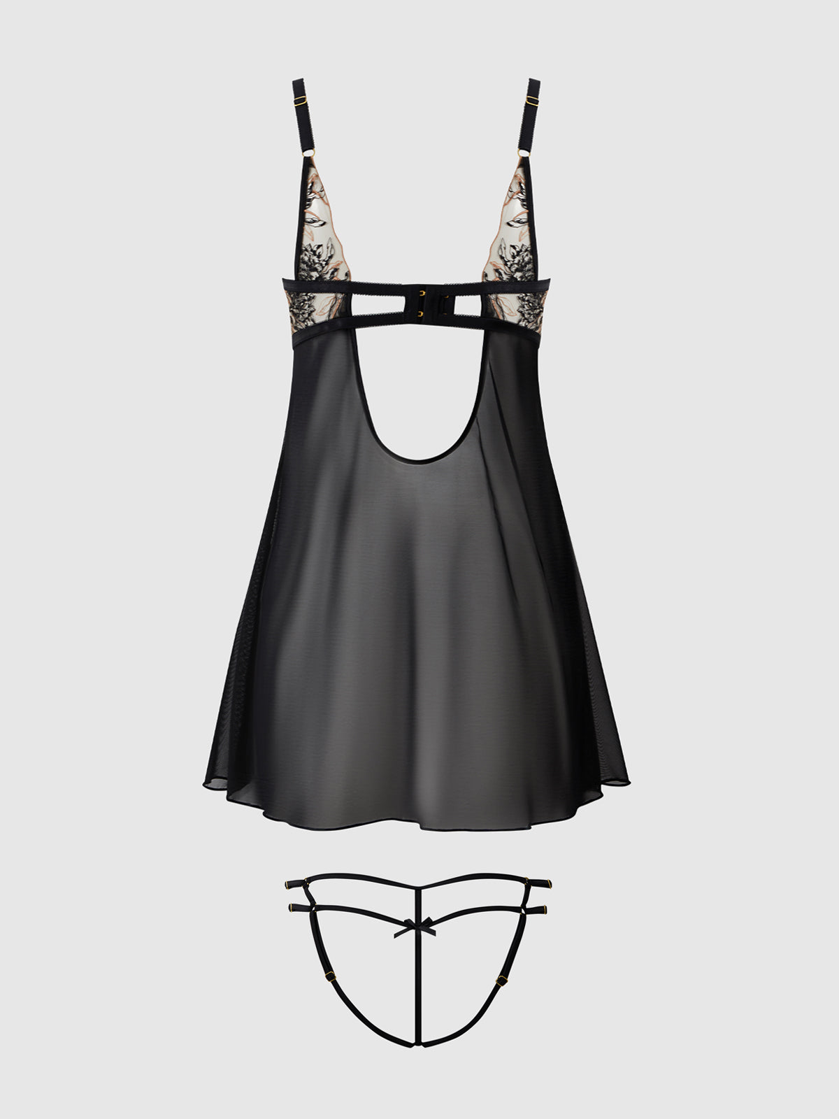 House of Desire Delilah Embroidered Sheer Babydoll Set Black/Taupe