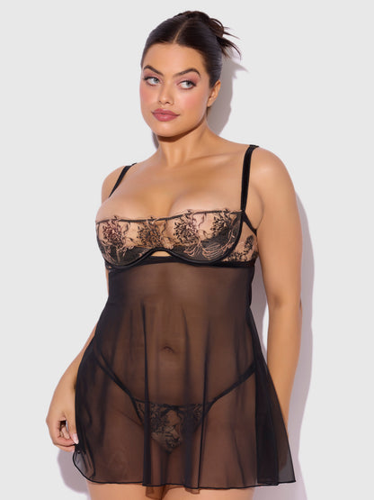 House of Desire Delilah Embroidered Sheer Babydoll Set Black/Taupe