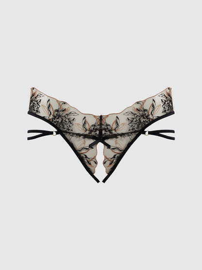 House of Desire Delilah Embroidered Sheer Hipster Ouvert Panty Black/Taupe