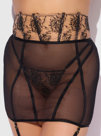 House of Desire Delilah Embroidered Sheer Open Back Garter Skirt Black/Taupe
