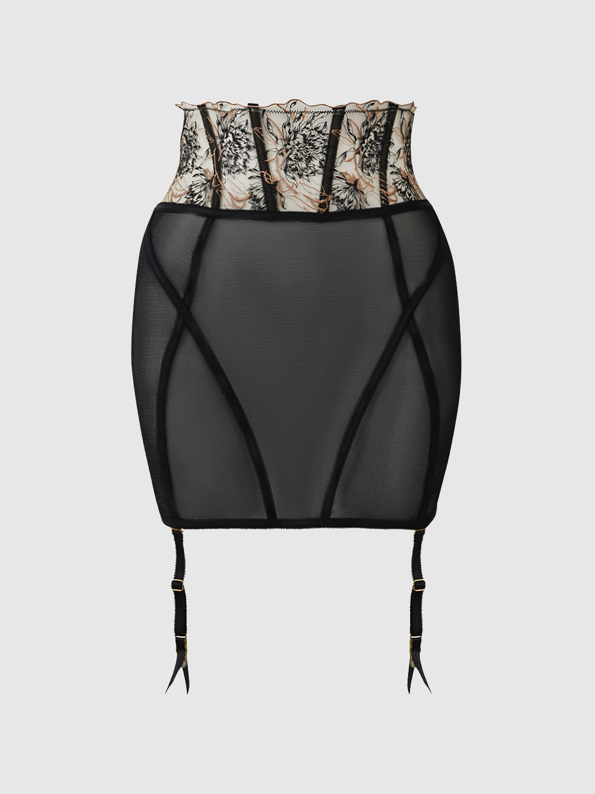 House of Desire Delilah Embroidered Sheer Open Back Garter Skirt Black/Taupe