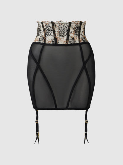 House of Desire Delilah Embroidered Sheer Open Back Garter Skirt Black/Taupe