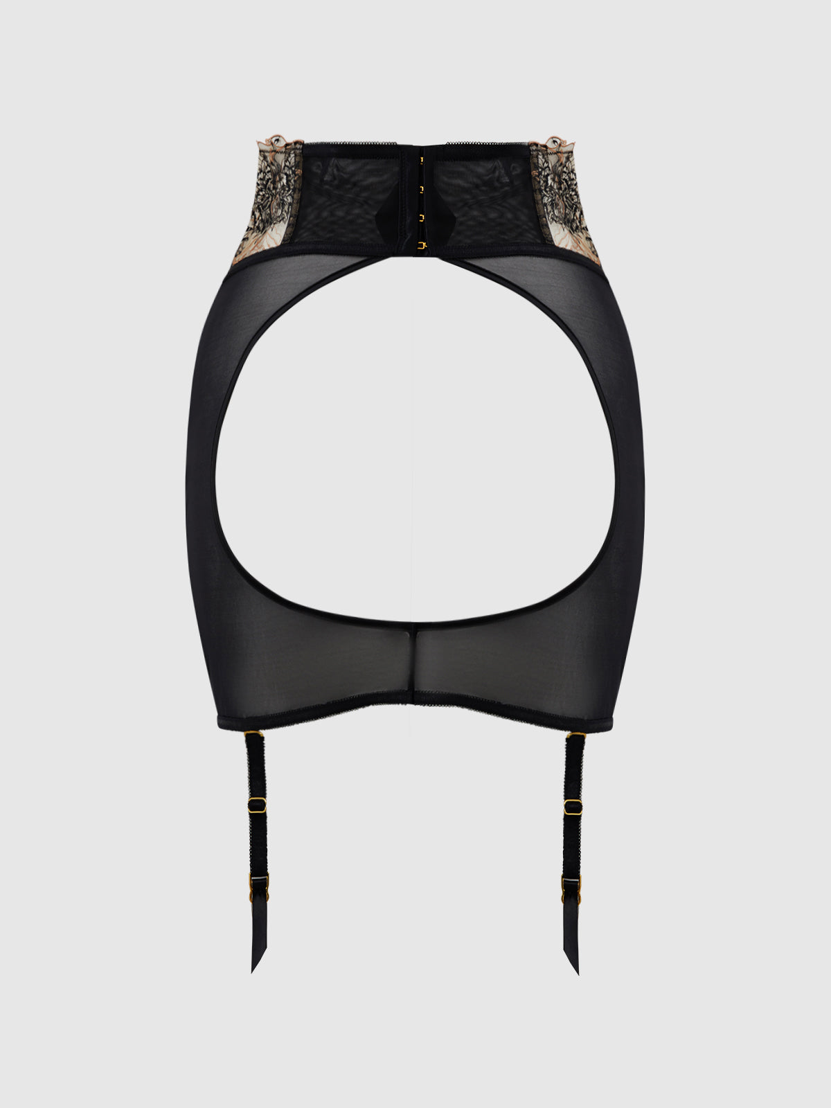 House of Desire Delilah Embroidered Sheer Open Back Garter Skirt Black/Taupe