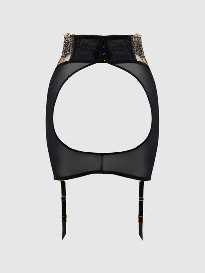 House of Desire Delilah Embroidered Sheer Open Back Garter Skirt Black/Taupe