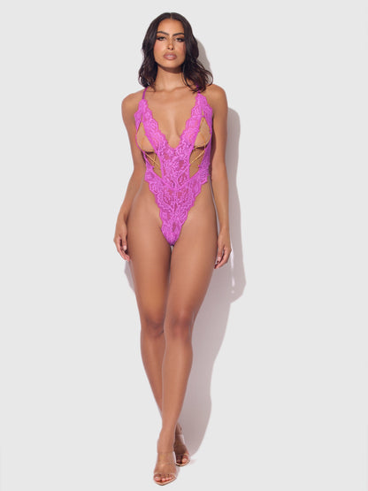 House of Desire Reanna Lace & Chain Deep Plunge Bodysuit Teddy Pink