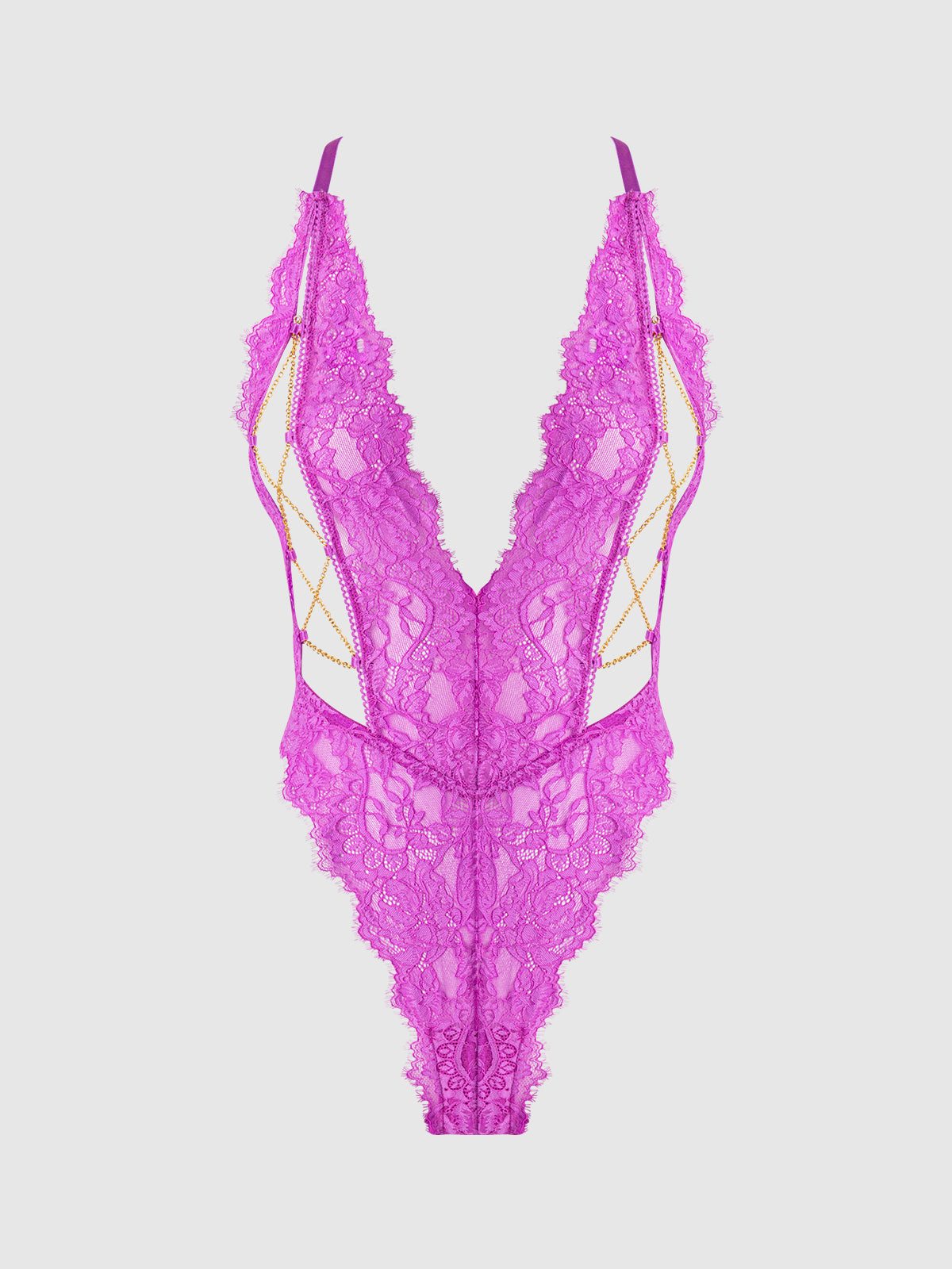 House of Desire Reanna Lace & Chain Deep Plunge Bodysuit Teddy Pink