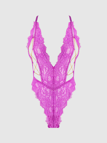 House of Desire Reanna Lace & Chain Deep Plunge Bodysuit Teddy Pink