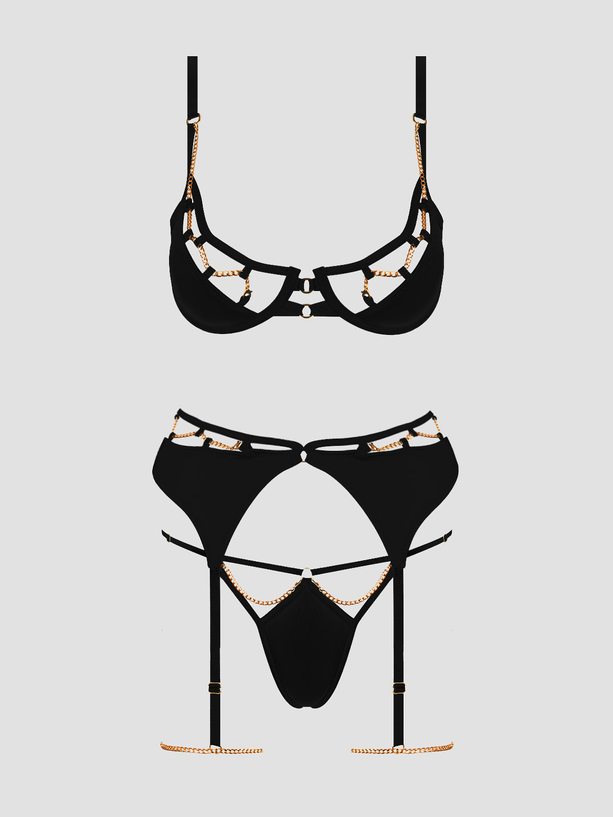 House of Desire Evangeline Satin & Chain Push Up Bra Set Black