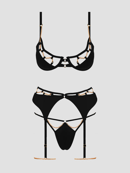 House of Desire Evangeline Satin & Chain Push Up Bra Set Black