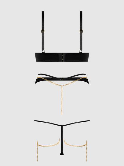 House of Desire Evangeline Satin & Chain Push Up Bra Set Black
