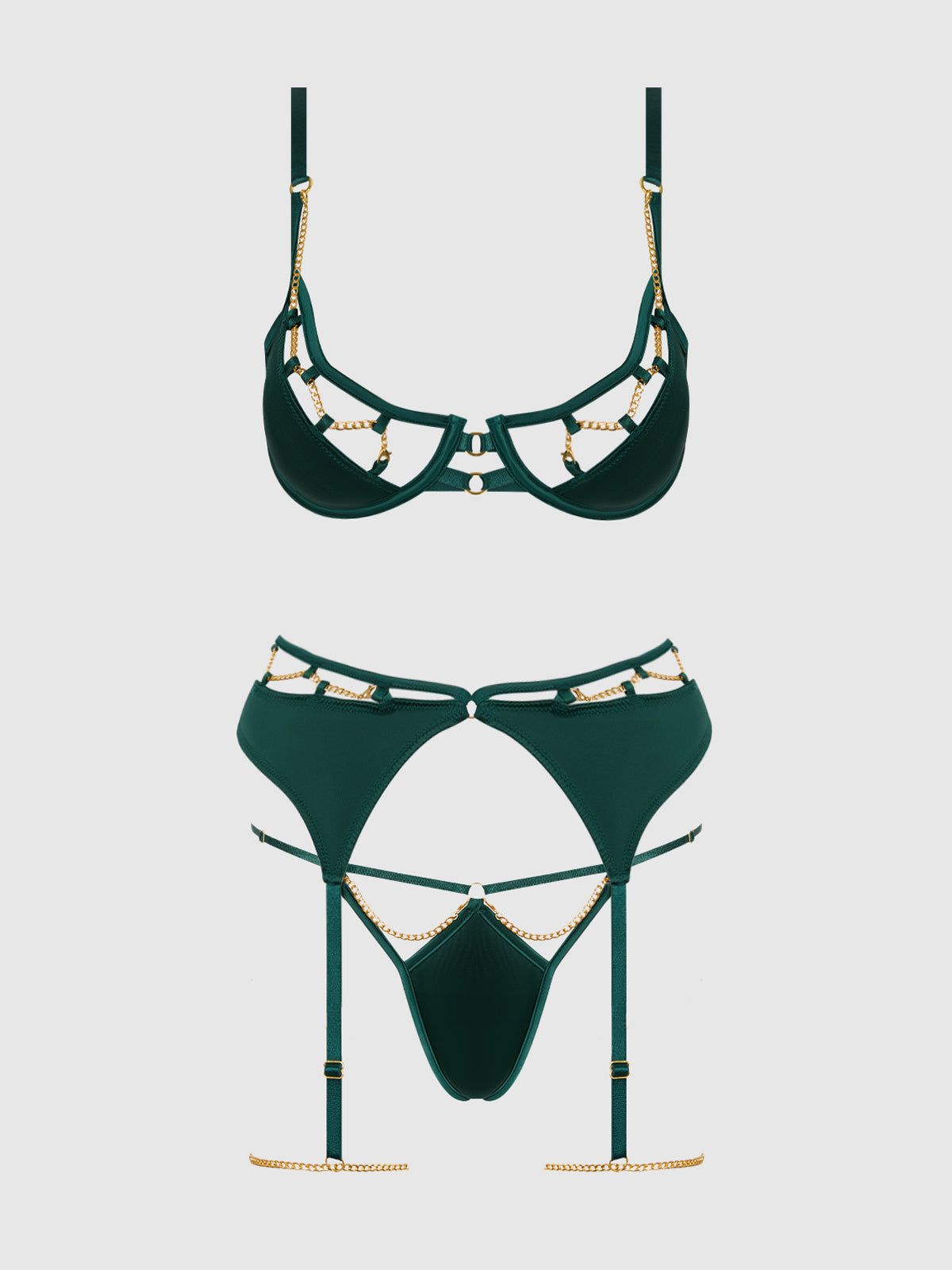 House of Desire Evangeline Satin & Chain Push Up Bra Set Emerald